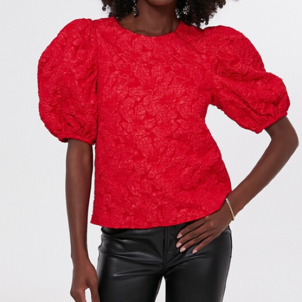 Tuckernuck Hyacinth House Jacquard Noelle Floral Red Puff Short Sleeve Top XL